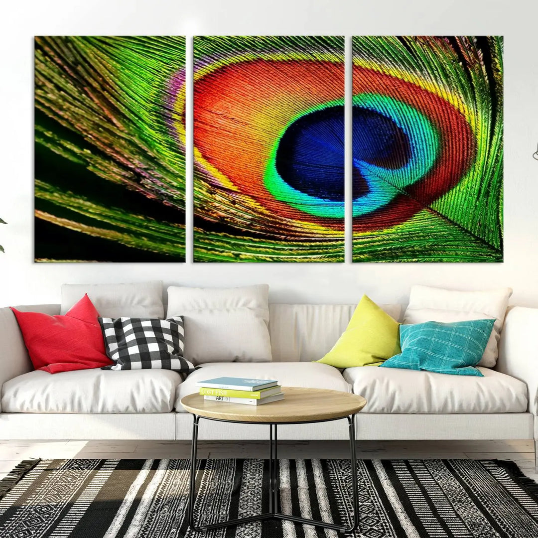 The living room features the "Colorful Peacock Feather Wall Art Print," showcasing a vibrant green, blue, and orange design elegantly displayed above a modern sofa.