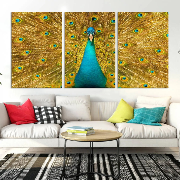 The Peacock Wall Art Canvas Print, featuring a vibrant triptych design of a peacock with intricate feather details and printed on museum-quality canvas with UV-protective coating, brings an artistic flair to the elegant space. Ready to hang, it enhances the modern living room with its striking presence.