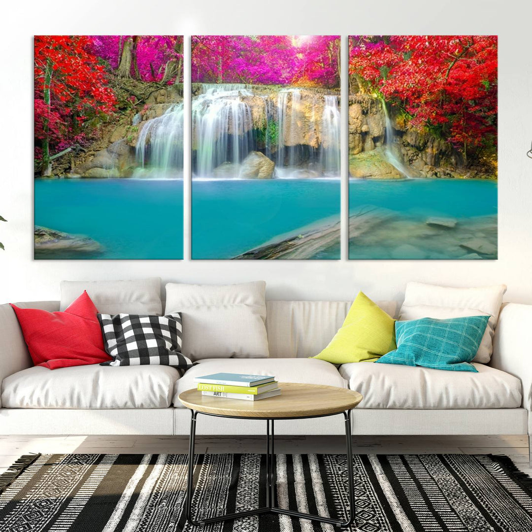 Wall Art Waterfall Landscape with Pink and Red Flowers in Forest Canvas Print