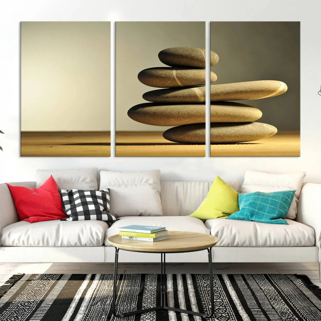 The "Yellow Zen Stones on Yellow Background Wall Art Yoga Zen Artwork," a professionally hand-assembled framed photo with UV-protective coating, is displayed on the wall.