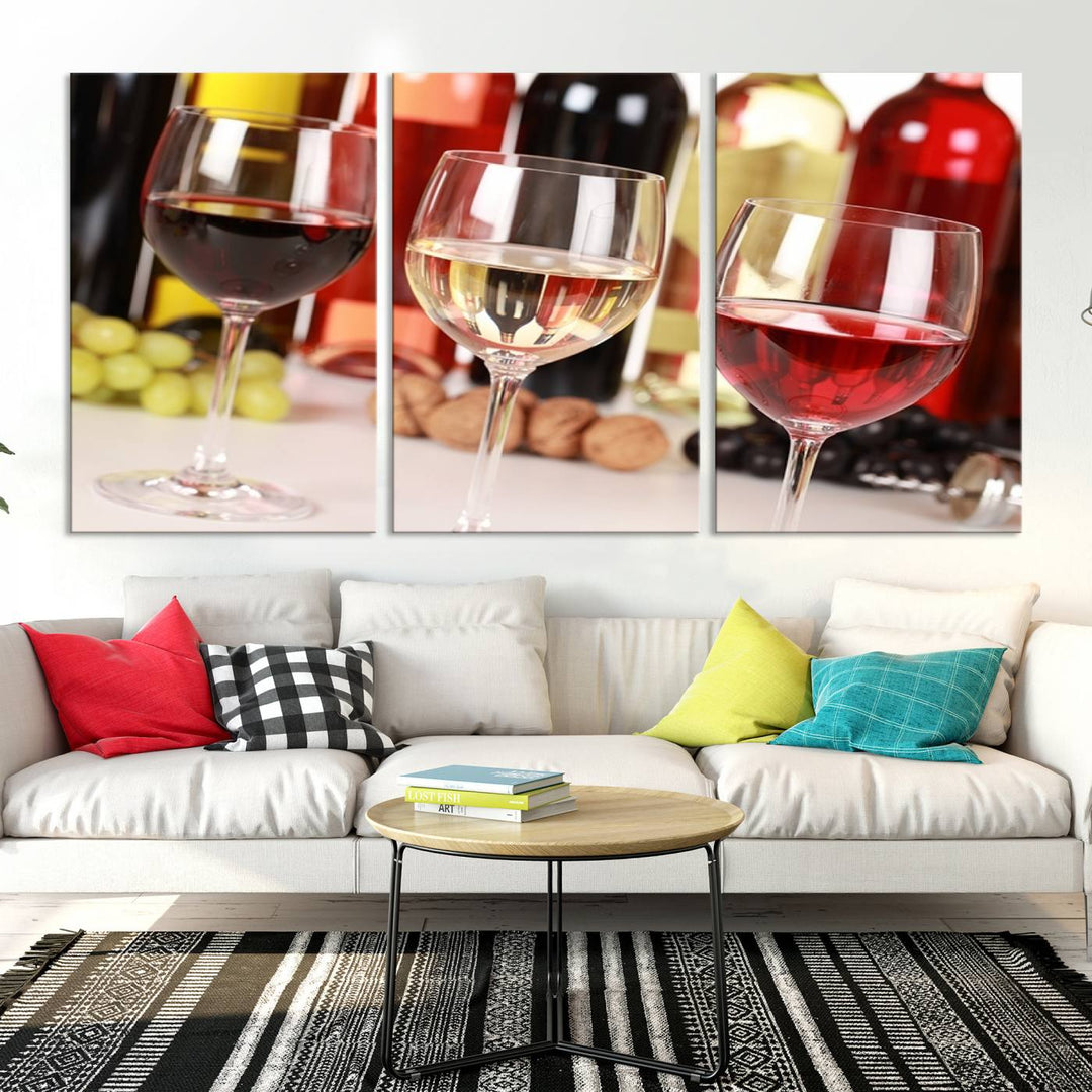 Wall Art Red, White and Rose Wine in Glass Canvas Print