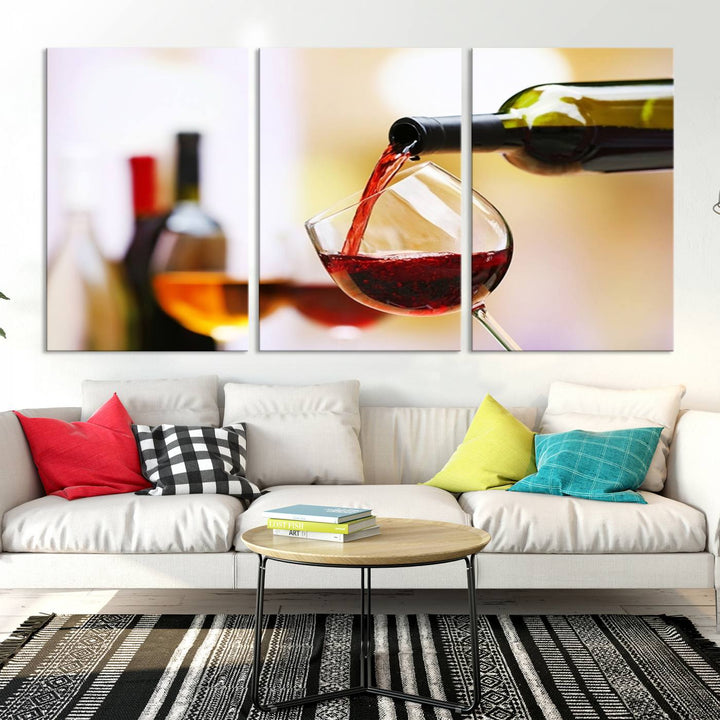 The Filling Red Wine into Glass Red Wine Canvas Print showcases a wine bottle pouring red wine into a glass. This scene, captured on museum-quality canvas, promises timeless elegance and comes with free shipping for effortless delivery to your doorstep.