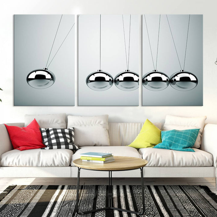 Newton's Cradle Motion Art, Modern Minimalist Metal Sphere Wall Art, Physics-Inspired Kinetic Energy Canvas Print for Office and Home Decor