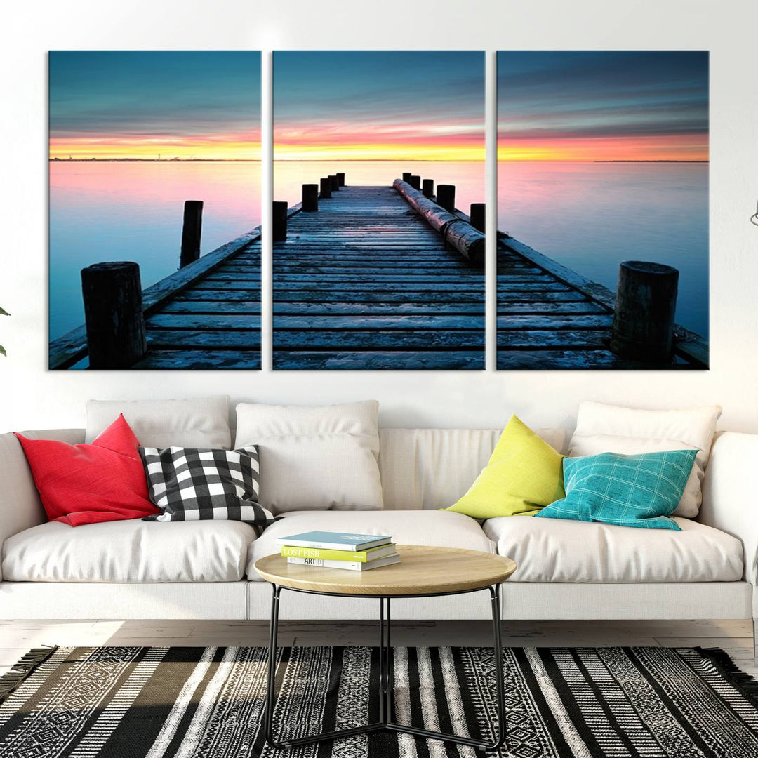 Wall Art Vintage Wooden Pier on Sea at Sunset Canvas Print