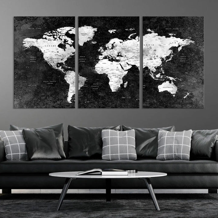 Modern Grayscale World Map 3-Panel Canvas Art | Ready to Hang, Framed | Stylish Minimalist Wall Décor for Home, Office, Living Room, or Study Spaces 