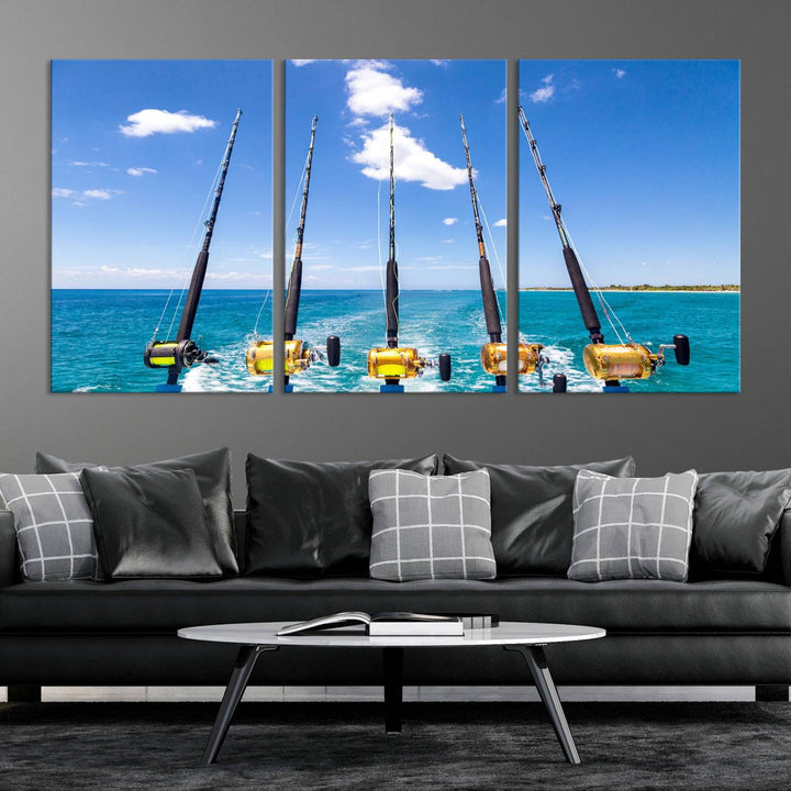 Fishing Roads on Boat Canvas Wall Art Print Ocean Seascape Art Print