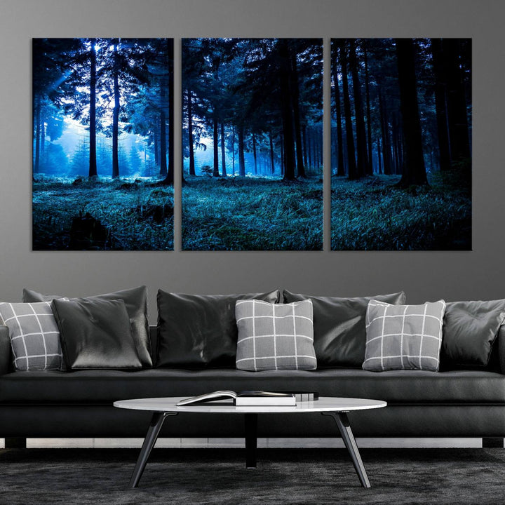 Arte de pared de bosque oscuro místico, lienzo de bosque grande, lienzo de paisaje, arte de pared de múltiples paneles, conjunto de lienzo grande de 3 piezas enmarcado