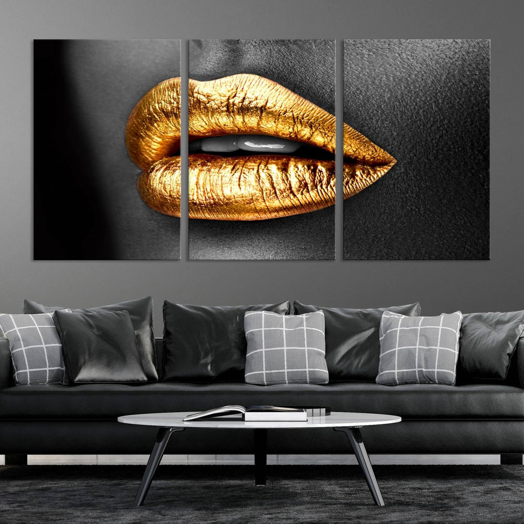 Gold Lips Canvas Wall Art Print Makeup Wall Art Fashion Beauty Canvas Print