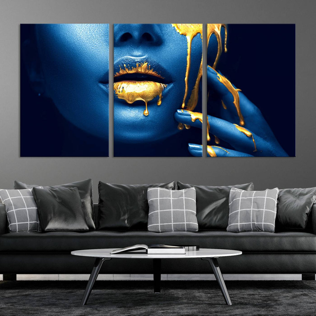 Neon Blue Gold Lips Photography Canvas Wall Art Print Fashion Art Beauty