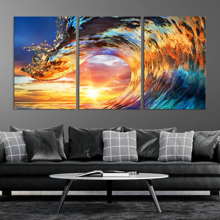 Wave Canvas Wall Art – Multi-Panel Sunset Ocean Scene – Bold and Vibrant Decor for Living Room or Office – Ready to Hang