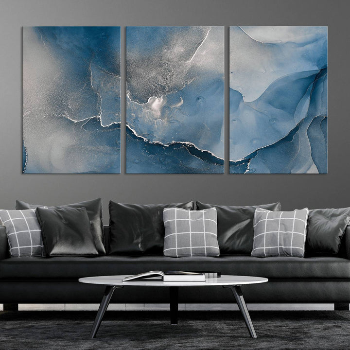 Blue Gray Marble Fluid Effect Wall Art Abstract Canvas Wall Art Print