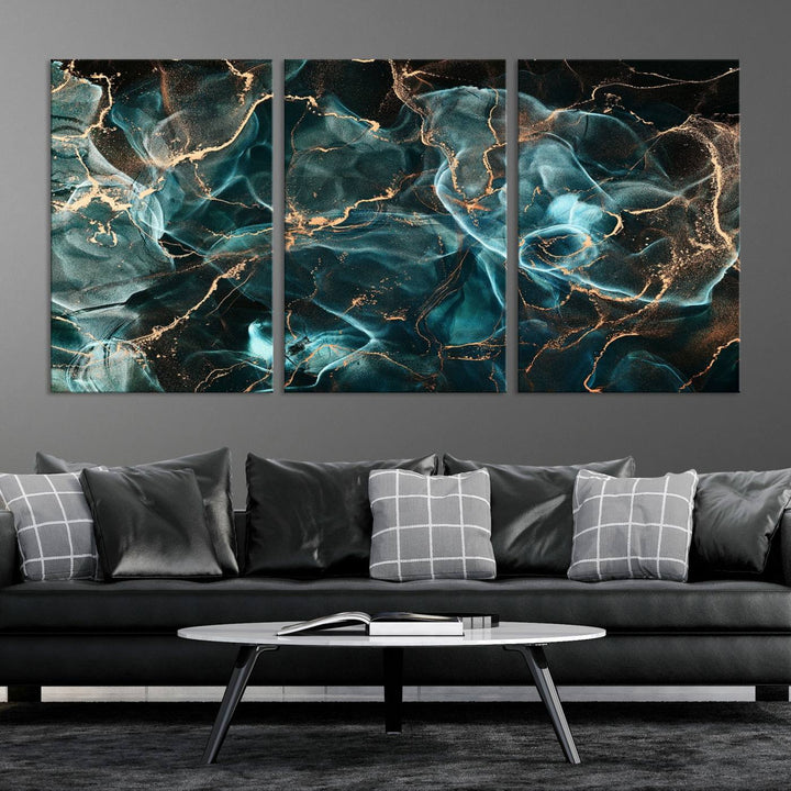 Neon Blue Marble Smokey Effect Wall Art Abstract Canvas Wall Art Print