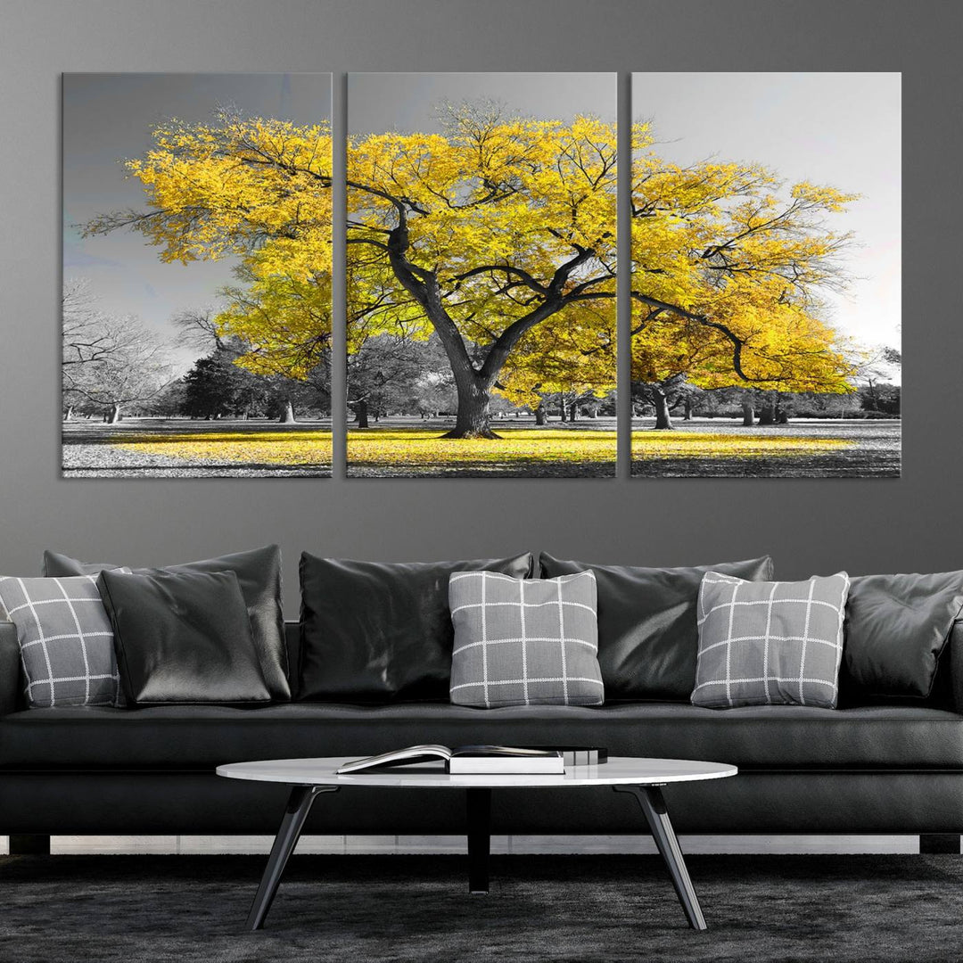 Toile murale avec grand arbre jaune, impression d'art, noir, blanc, jaune, peinture artistique