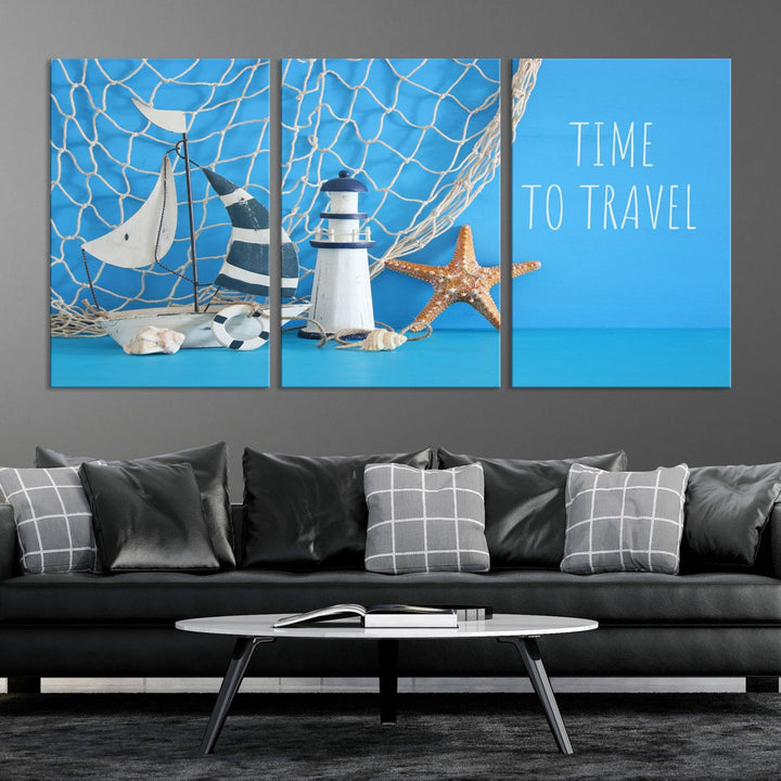 Sailing Boat Starfish and Lighthouse Wall Art Canvas Print