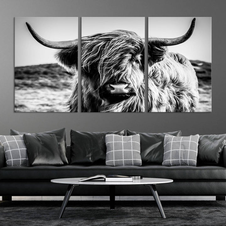 Highland Cow Wall Art | 3-Panel Black and White Highland Cow Canvas Print for Western Farmhouse Decor | Large Framed Giclee Canvas for Living Room