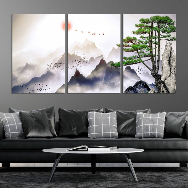 Japanese Tree Mountain Wall Art Canvas Print