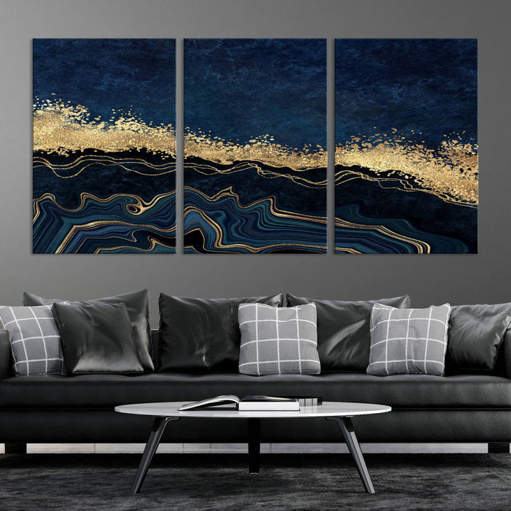 Navy Blue Marble Fluid Effect Large Wall Art Modern Abstract Canvas Wall Art Print