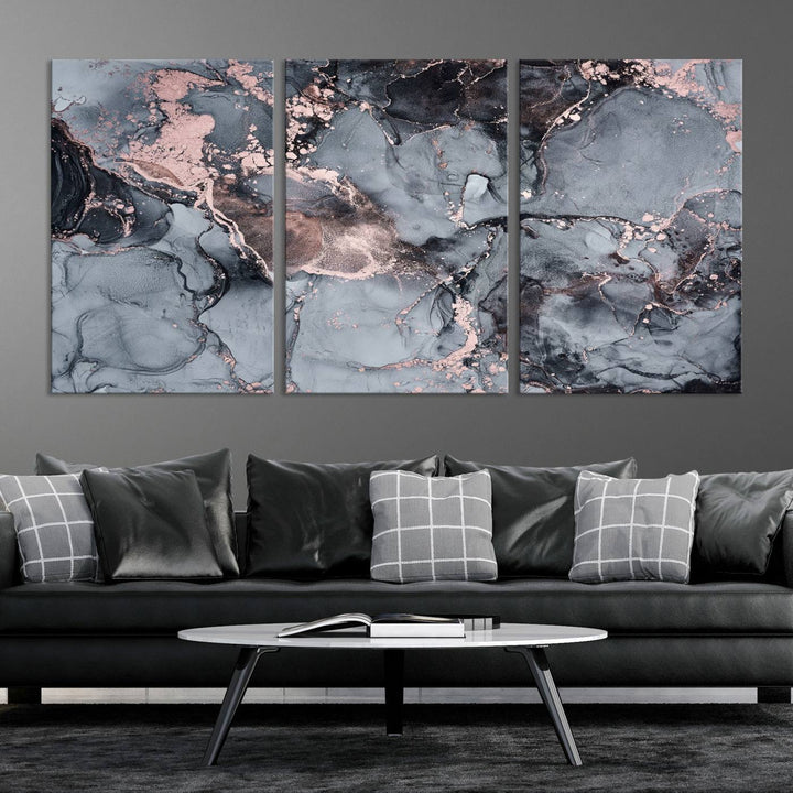 Impresión de arte de pared grande con efecto fluido de mármol gris y oro rosa, lienzo abstracto moderno