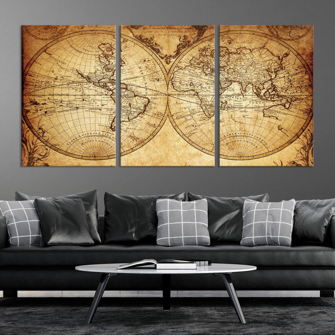 Vintage World Map Wall Art | 3-Panel Canvas Print for Living Room, Office, or Study | Giclee Canvas with Antique Design