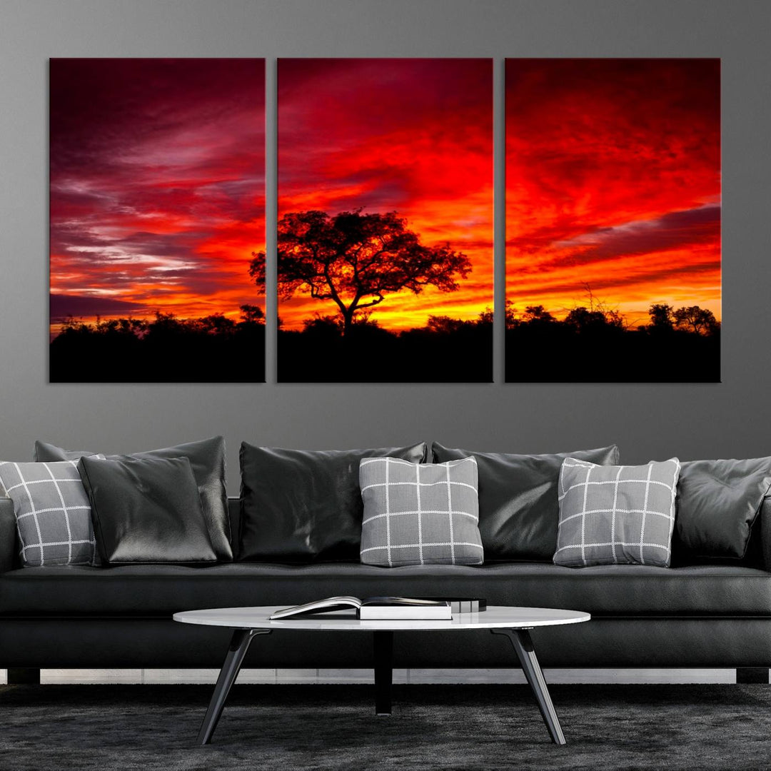 Red Sunset Landscape Artwork Printing, Forest Tree Wall Art Canvas Print