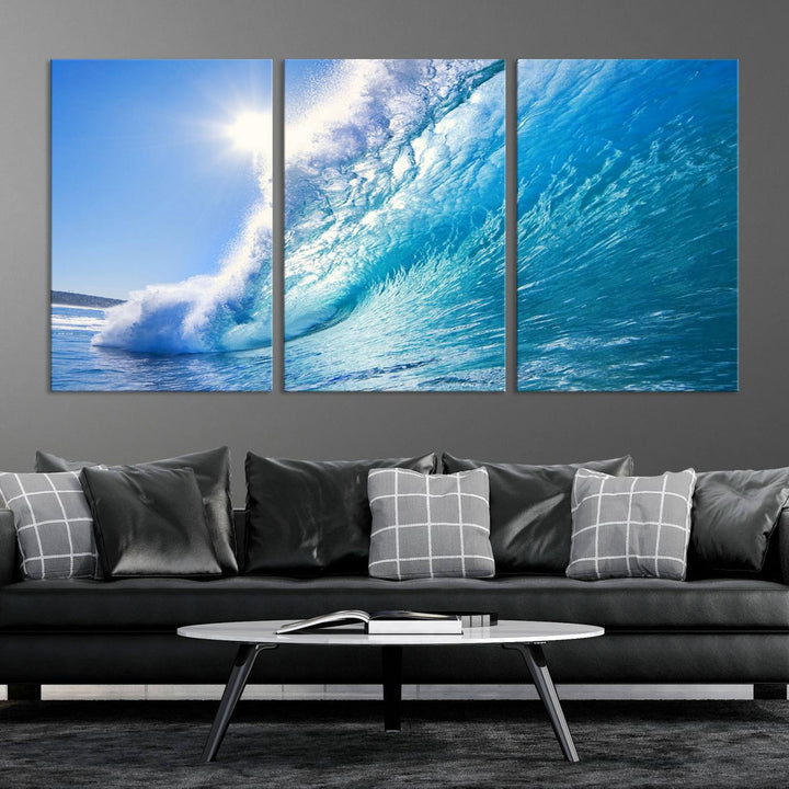 Blue Big Wave Surf Ocean Canvas Wall Art Artwork Print, Art mural de plage, Art de mur de mer