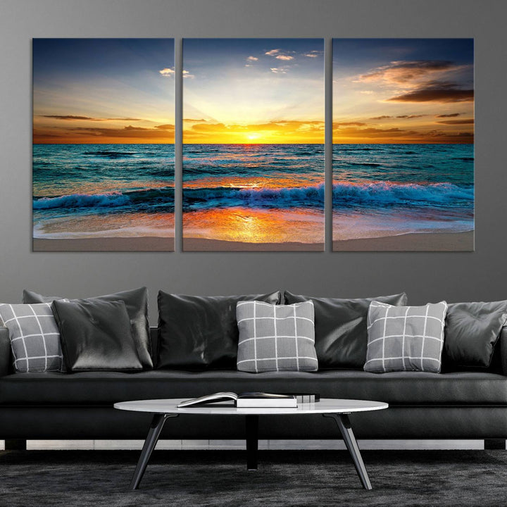 Vibrant Ocean Sunrise Over Golden Beach Waves, Giclee Canvas Wall Art Set, High-Quality Stretched Canvas Print, Ready to Hang Coastal Sunset Wall