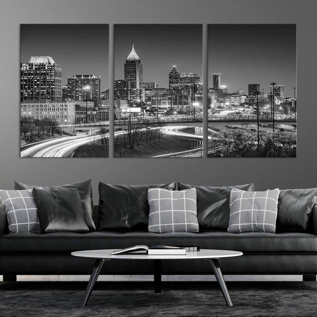 Atlanta City Lights Skyline Art mural noir et blanc Paysage urbain Impression sur toile