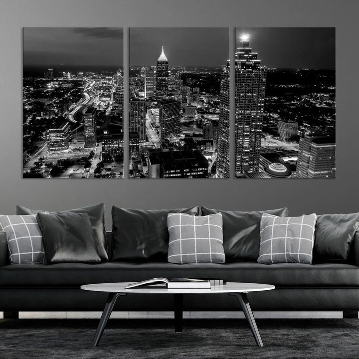 The Atlanta City Lights Skyline Black and White Wall Art Cityscape Canvas Print is elegantly displayed on the wall. These museum-quality canvases arrive ready to hang, making your art display both effortless and sophisticated.