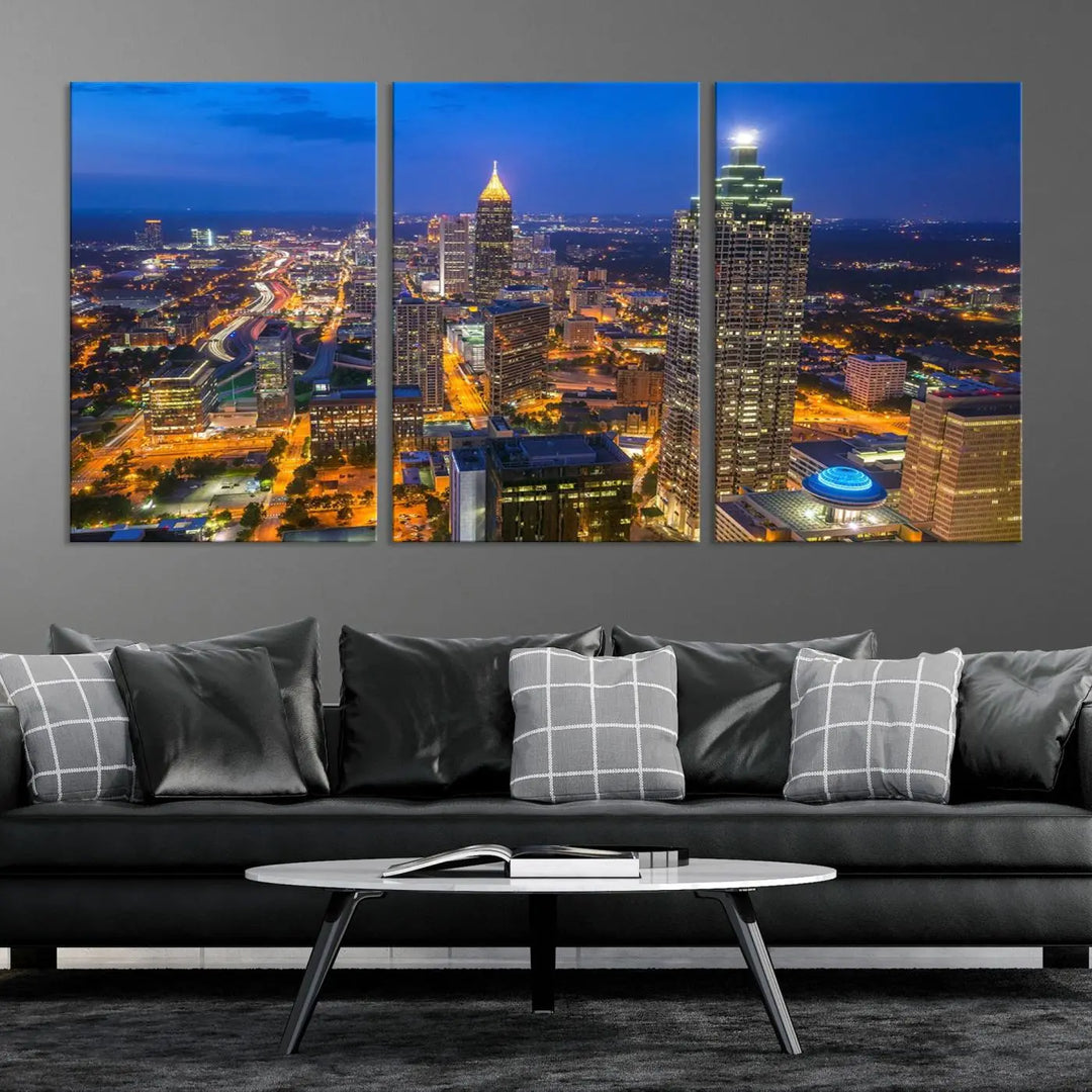 An elegant Atlanta City Blue Skyline Cityscape View Wall Art Canvas Print graces the wall, offering a sophisticated addition to your living space. Enjoy free shipping on this stylish piece.