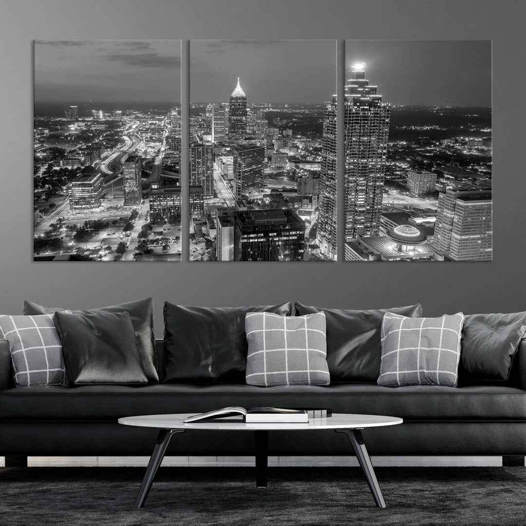 Horizonte nublado de la ciudad de Atlanta Arte de pared en blanco y negro Paisaje urbano Lienzo