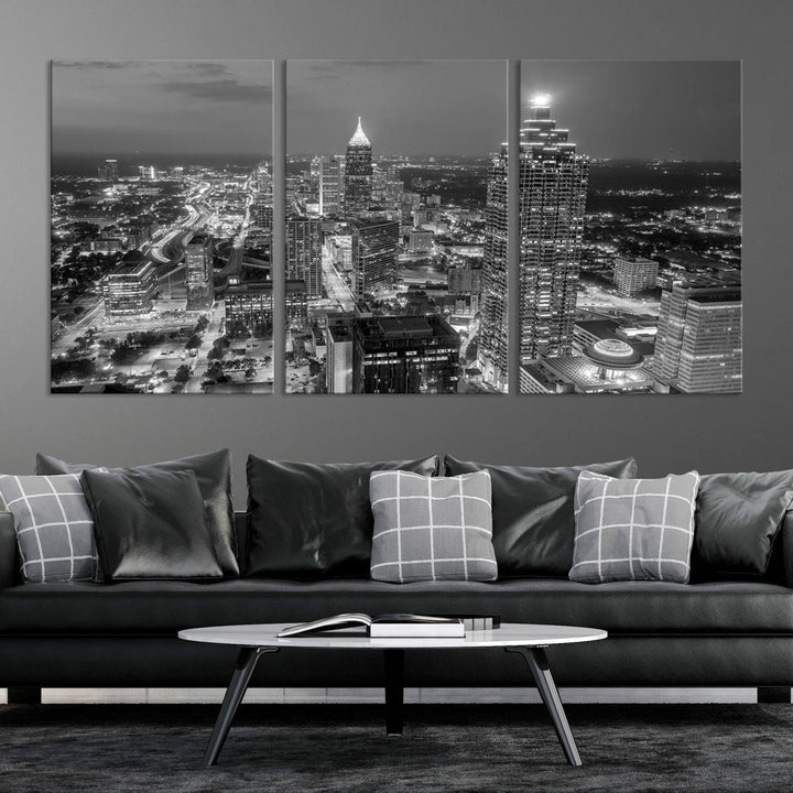 Atlanta City Skyline Art mural noir et blanc Paysage urbain Impression sur toile