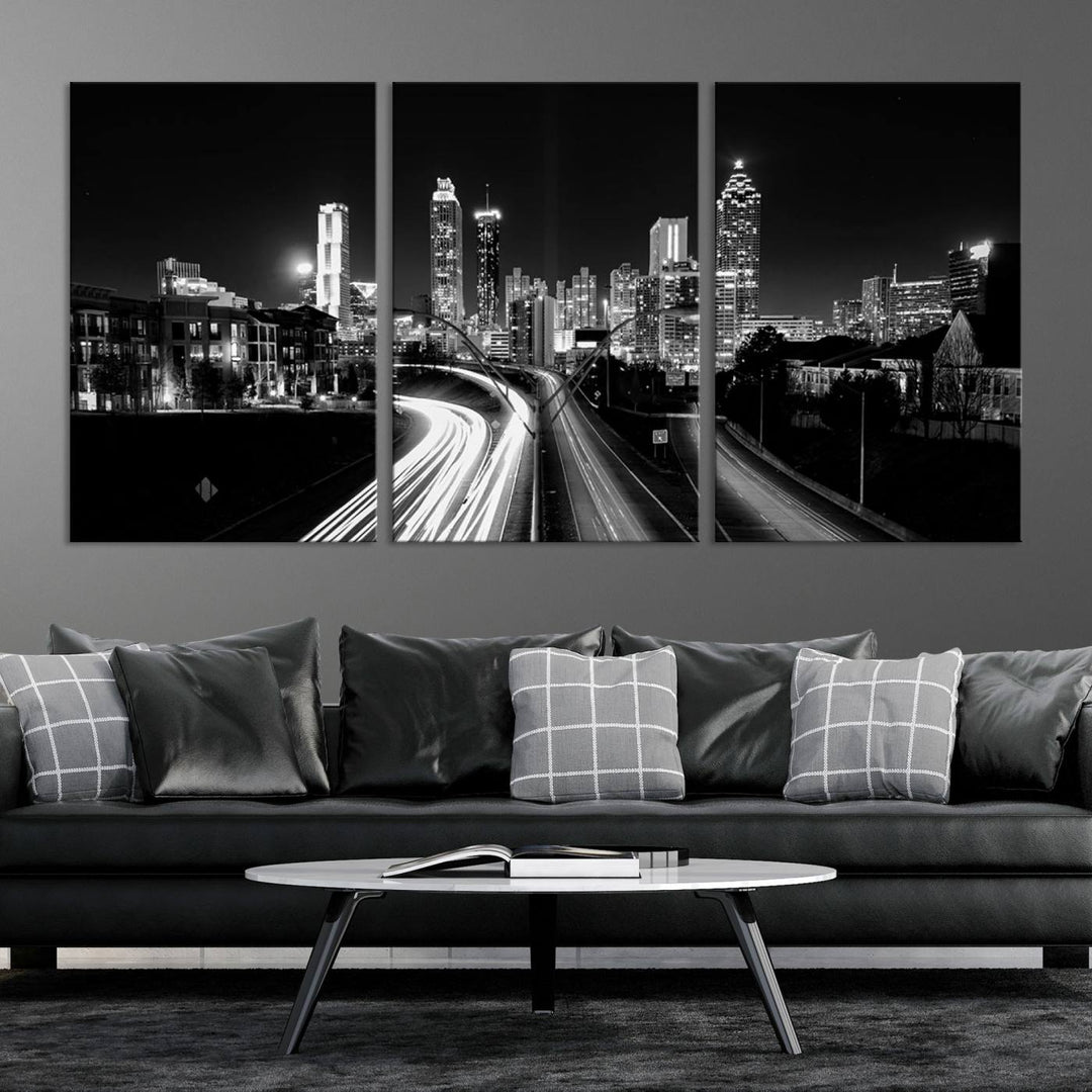 Atlanta Georgia Lights Skyline Black and White Wall Art Cityscape Canvas Print