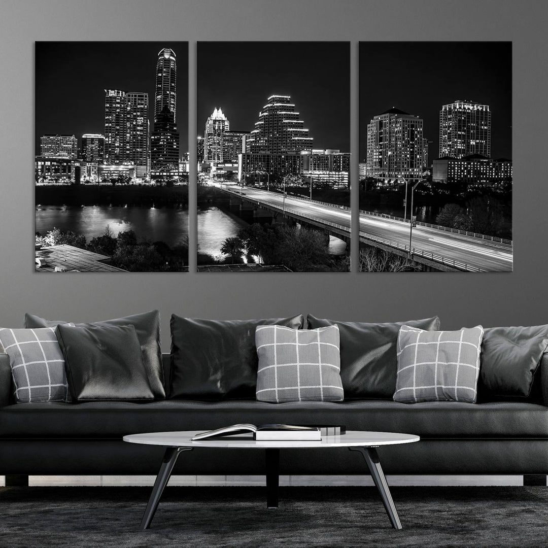 Austin City Lights Skyline Art mural noir et blanc Paysage urbain Impression sur toile