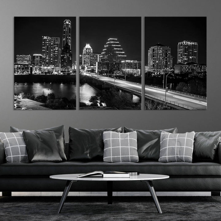 Austin City Lights Skyline Arte de pared en blanco y negro Paisaje urbano Lienzo