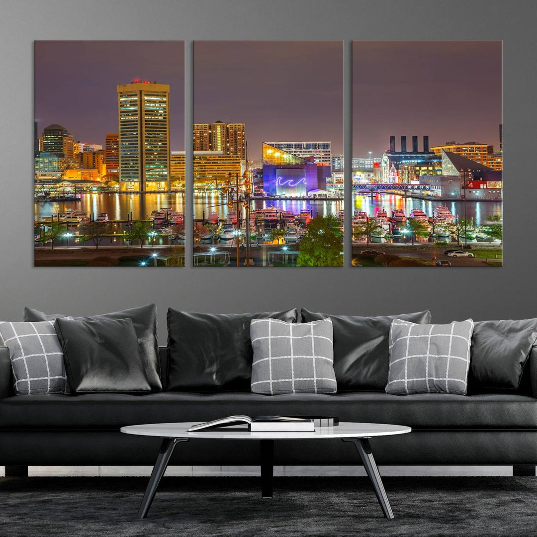 The Baltimore City Lights Night Skyline Cityscape View Wall Art Canvas Print is elegantly displayed on museum-quality canvas.