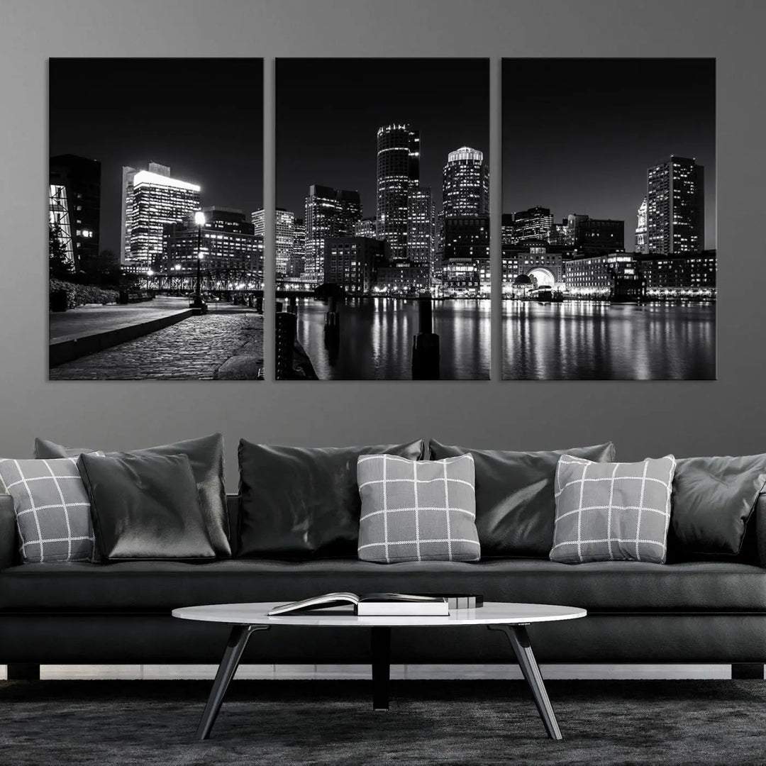 The living room showcases the Boston City Lights Skyline Black and White Wall Art Canvas Print.