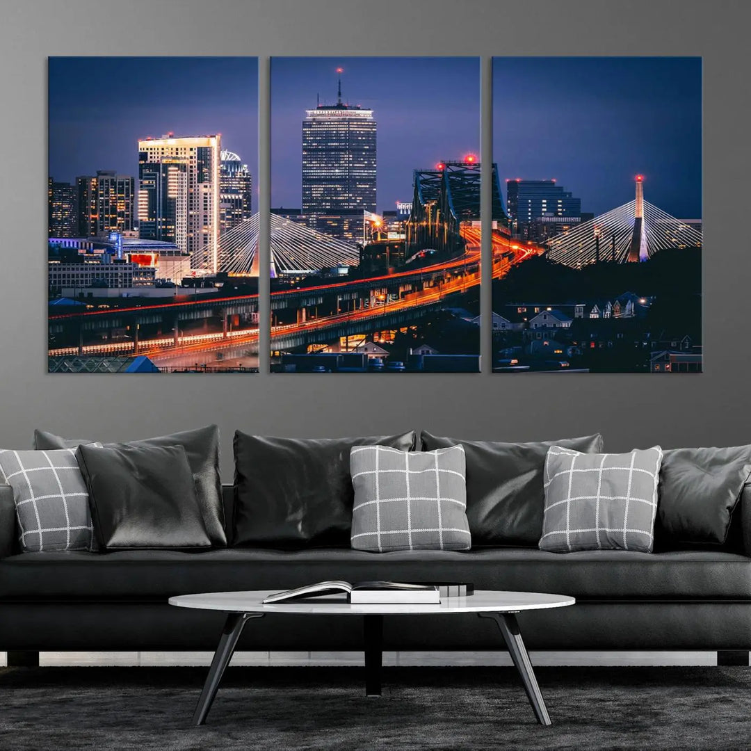 The "Boston City Lights Night Skyline Cityscape View" artwork on the wall showcases a brightly lit bridge at night. It is displayed on museum-quality canvas with a UV-protective coating.