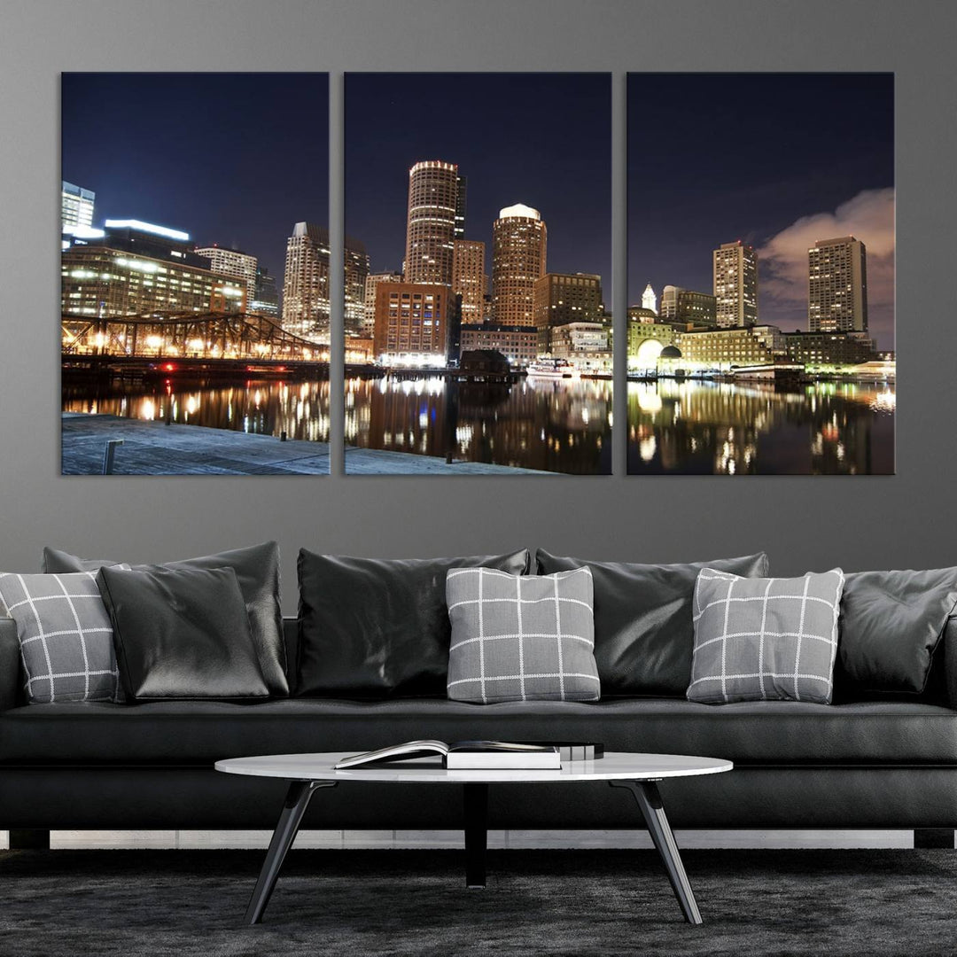 The Boston City Lights Skyline Cityscape View Wall Art Canvas Print showcases a nighttime cityscape on museum-quality canvas.