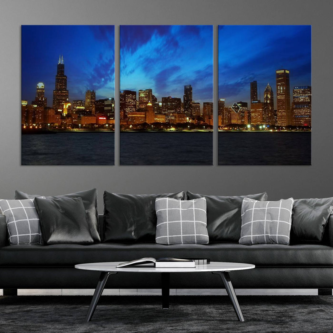 Chicago City Lights Night Blue Wall Art Canvas Print 