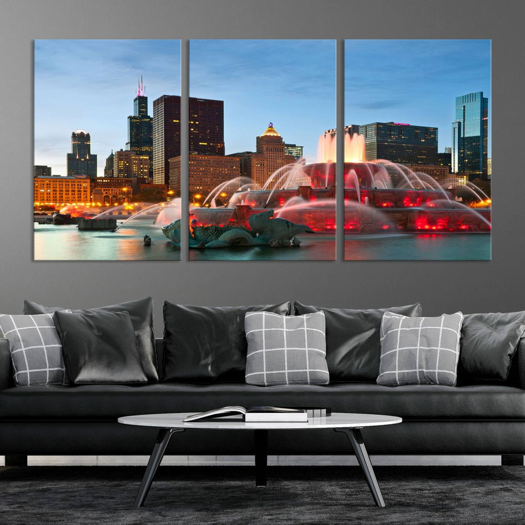 Chicago City Lights Night Skyline Cityscape View Wall Art Canvas Print