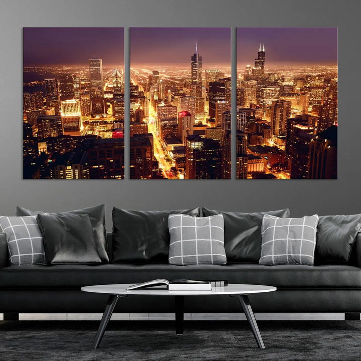 A large artwork showcasing the Chicago Night Skyline cityscape is elegantly displayed on a gallery-wrapped, museum-quality canvas.