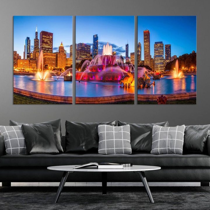 Chicago City Colorful Lights Night Skyline Cityscape View Wall Art Canvas Print