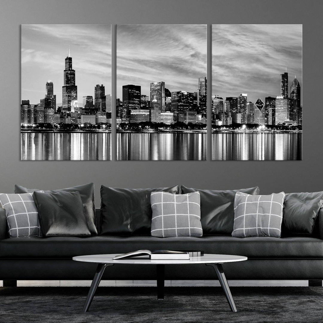 Horizonte nublado de la ciudad de Chicago Arte de pared en blanco y negro Paisaje urbano Lienzo