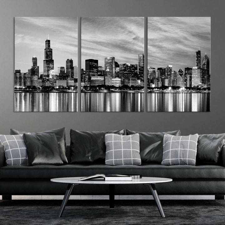 Chicago City Cloudy Skyline Black and White Wall Art Cityscape Canvas Print