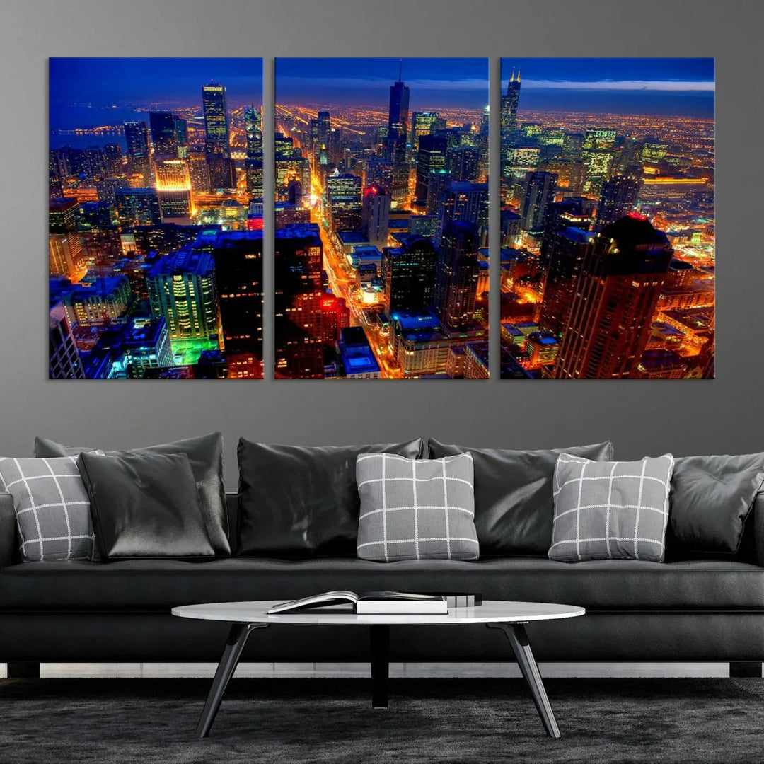 The "Chicago Night Skyline Wall Art" on museum-quality canvas adds long-lasting appeal to the living room.