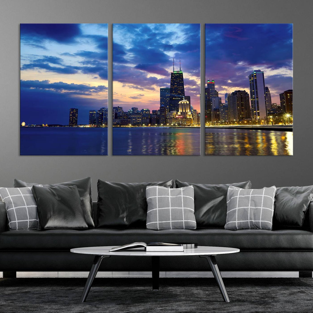 Chicago City Lights Nuit Nuageux Bleu Skyline Cityscape View Wall Art Impression sur toile