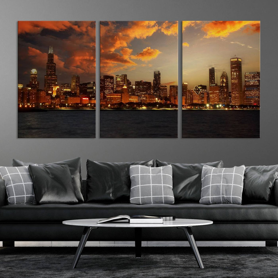 Chicago City Lights Sunset Orange Cloudy Skyline Cityscape View Wall Art Canvas Print