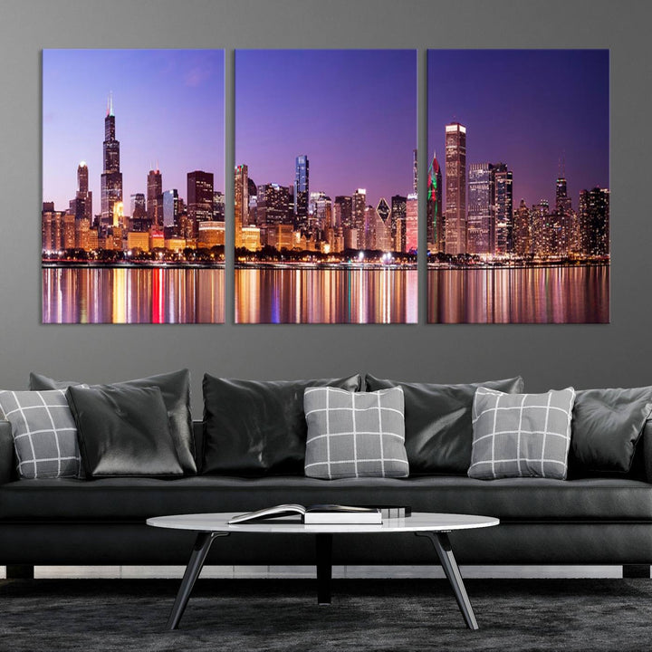 Chicago City Lights Night Purple Skyline Cityscape View Wall Art Impression sur toile