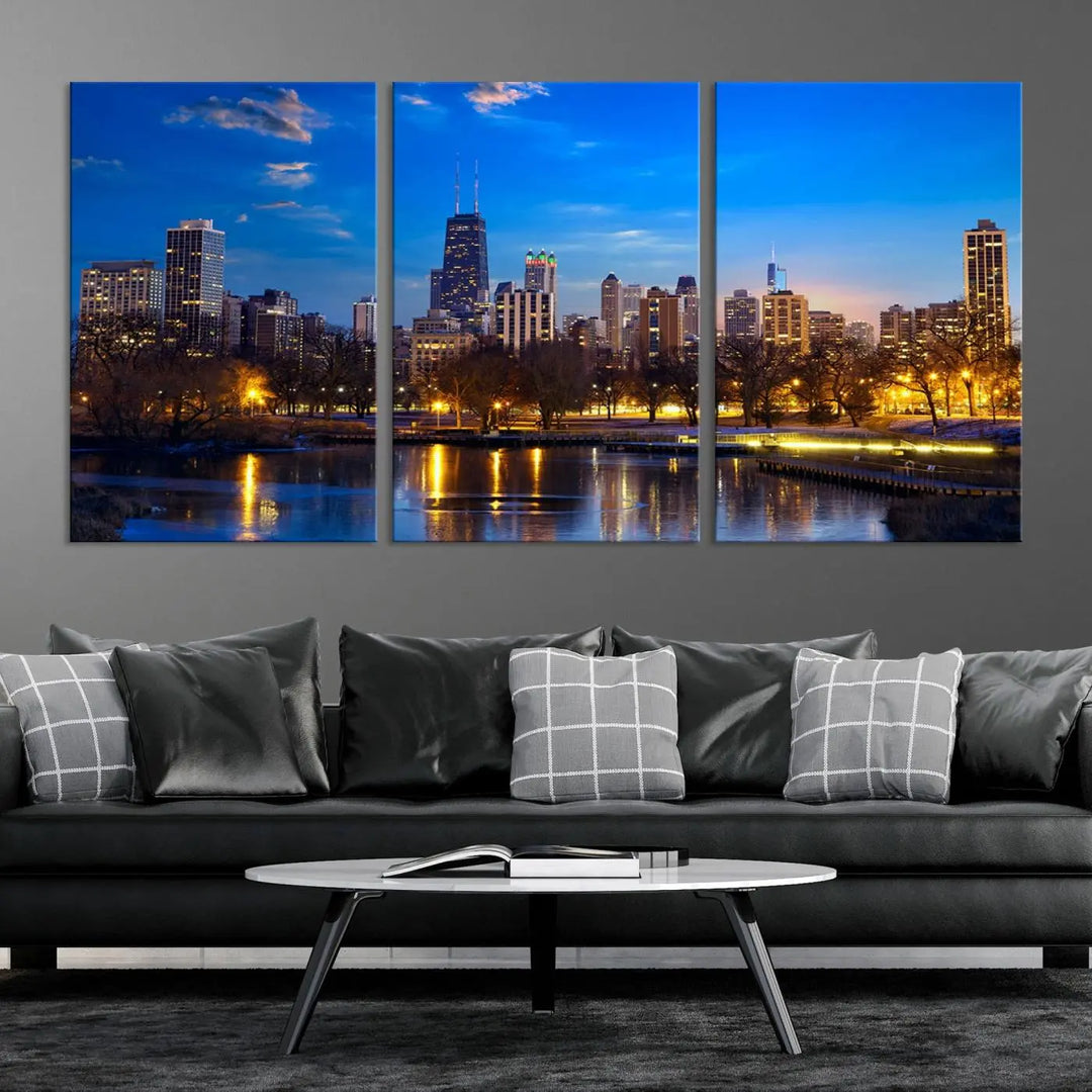 A triptych photo titled "Chicago City Lights Night Blue Skyline Cityscape View Wall Art Canvas Print" is elegantly displayed on gallery-wrapped, museum-quality canvases.