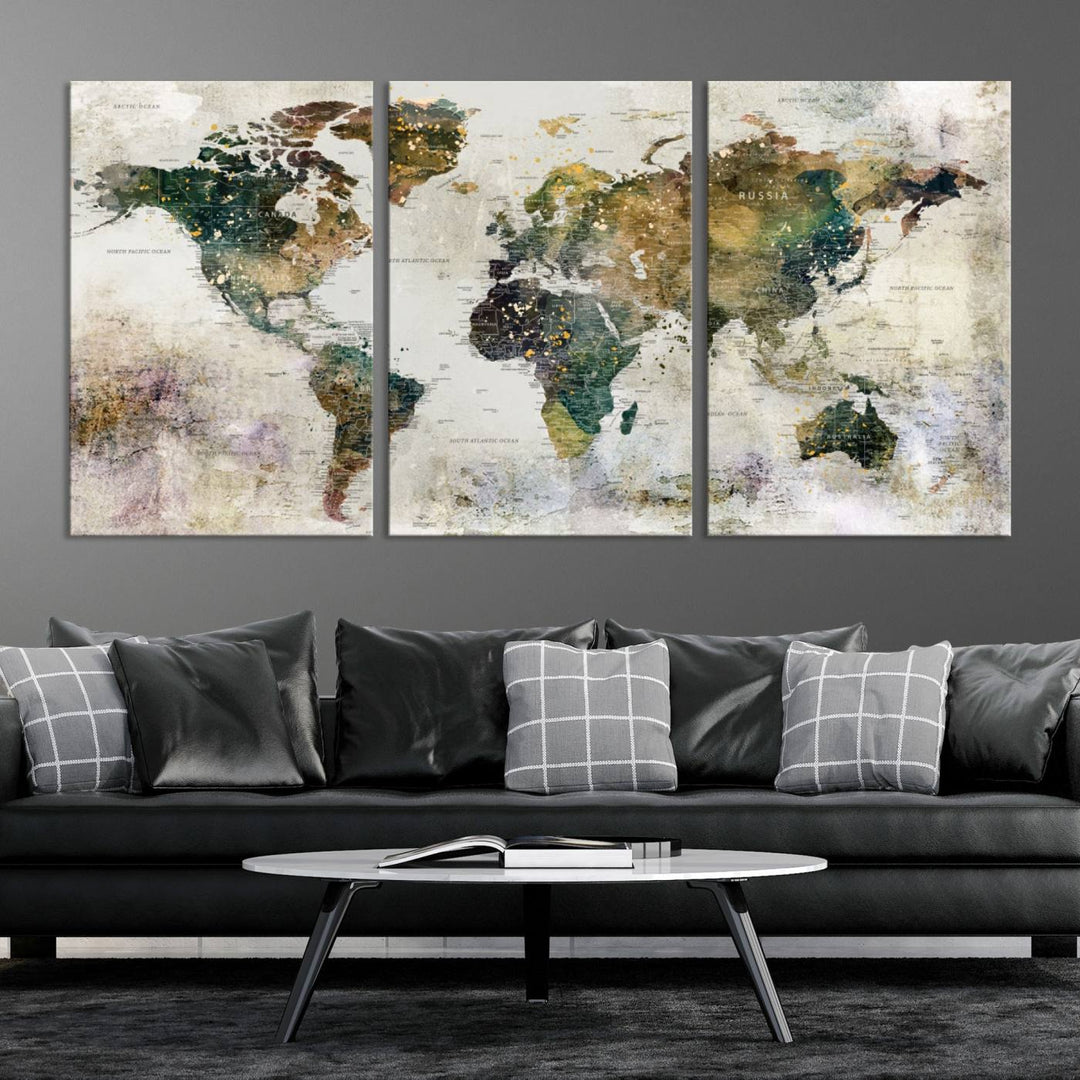 Carte du monde, impression d'art mural, carte sur toile, ensemble mural de 3 panneaux, cadeau, carte de voyage